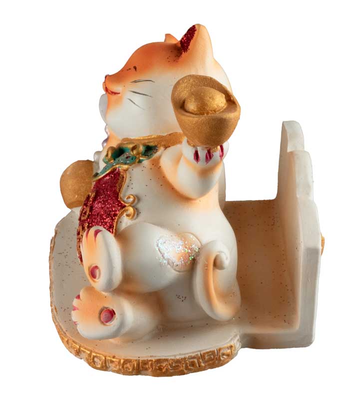 Chat Maneki-Neko Orange avec Lingot en Résine – Statuette Décorative Kawaii 9 cm
