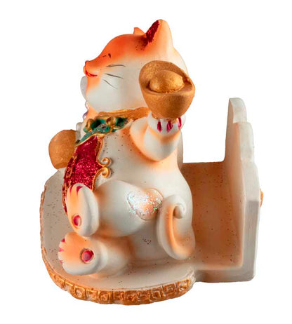 Chat Maneki-Neko Orange avec Lingot en Résine – Statuette Décorative Kawaii 9 cm