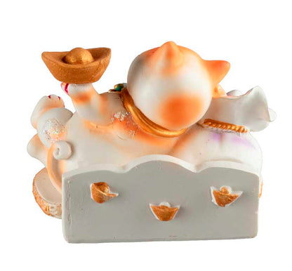 Chat Maneki-Neko Orange avec Lingot en Résine – Statuette Décorative Kawaii 9 cm
