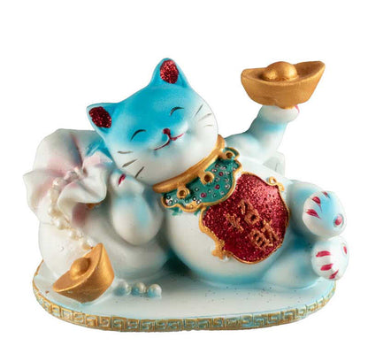 Chat Maneki-Neko Bleu avec Lingot en Résine – Statuette Décorative 9 cm