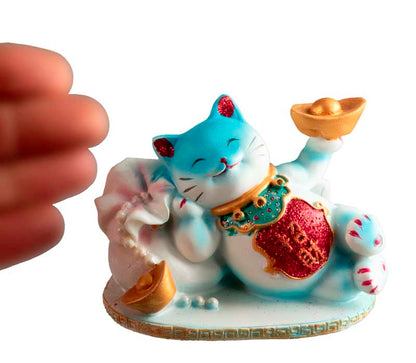 Chat Maneki-Neko Bleu avec Lingot en Résine – Statuette Décorative 9 cm