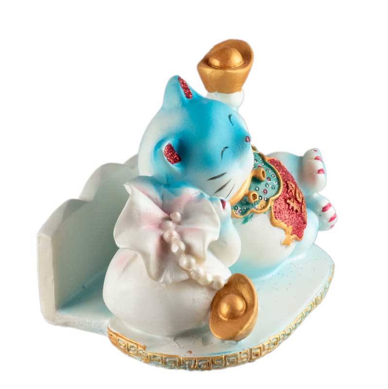 Chat Maneki-Neko Bleu avec Lingot en Résine – Statuette Décorative 9 cm