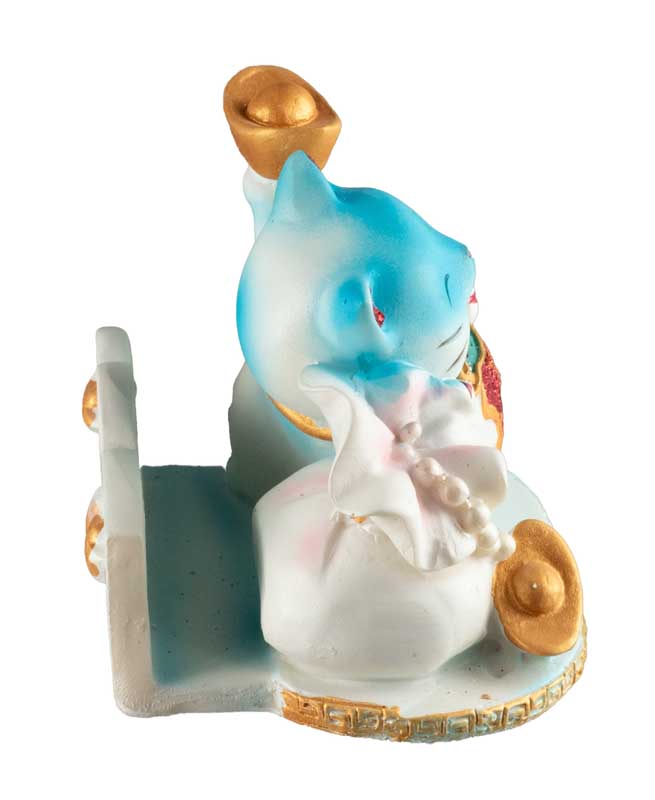 Chat Maneki-Neko Bleu avec Lingot en Résine – Statuette Décorative 9 cm