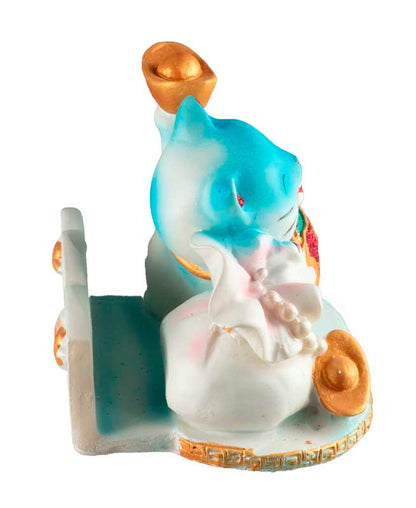 Chat Maneki-Neko Bleu avec Lingot en Résine – Statuette Décorative 9 cm