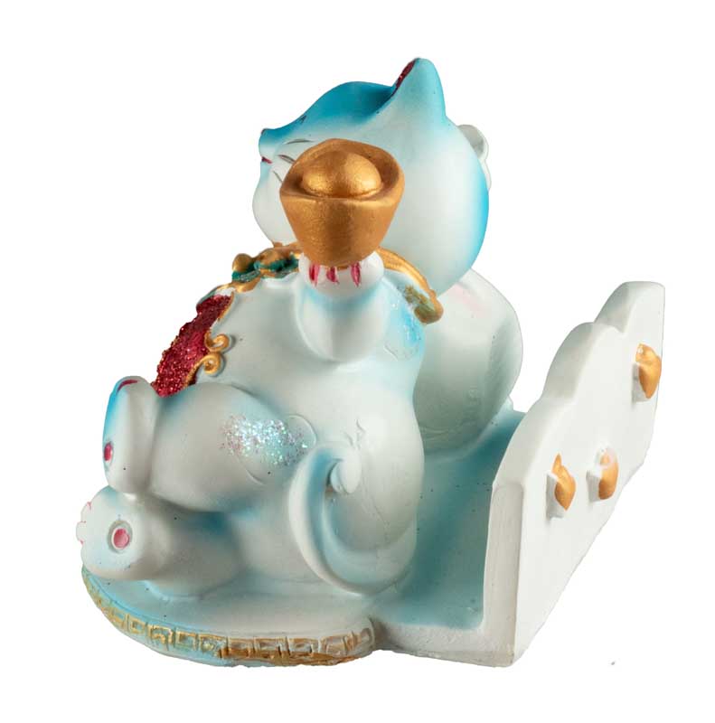 Chat Maneki-Neko Bleu avec Lingot en Résine – Statuette Décorative 9 cm