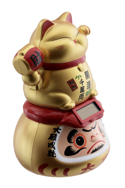 Figurine Solaire Maneki Neko Doré sur Daruma – Porte-Bonheur Japonais 10.5 ou 15 cm