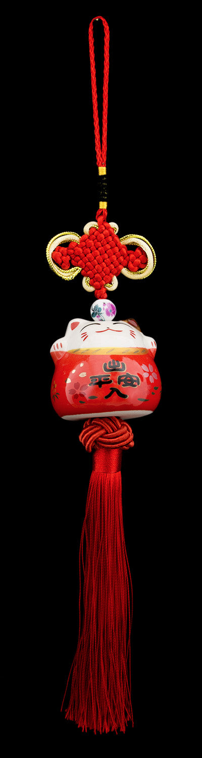 Suspension Décorative Maneki Neko Rouge en Céramique avec Nœud Chinois
