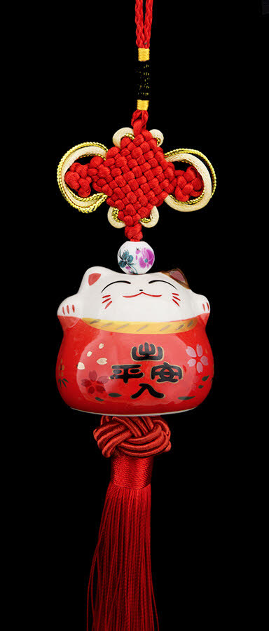 Suspension Décorative Maneki Neko Rouge en Céramique avec Nœud Chinois