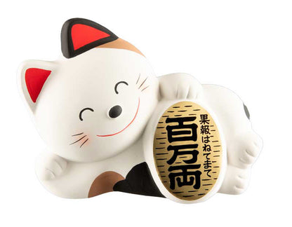 Tirelire Chat Japonais Maneki-Neko Couché avec Koban Doré