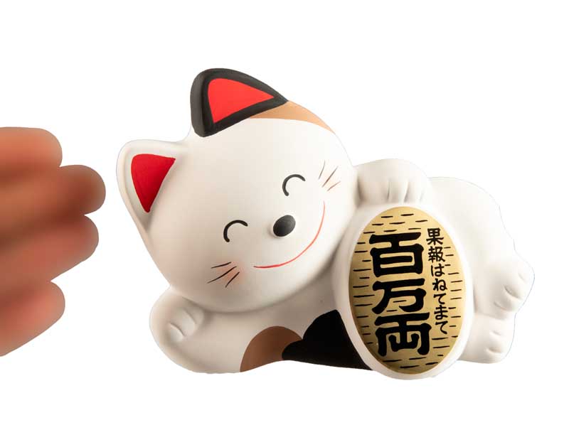Tirelire Chat Japonais Maneki-Neko Couché avec Koban Doré