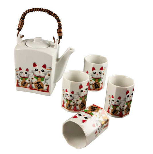 Service à Thé Japonais Maneki Neko 5 Pièces – Théière et 4 Tasses en Céramique
