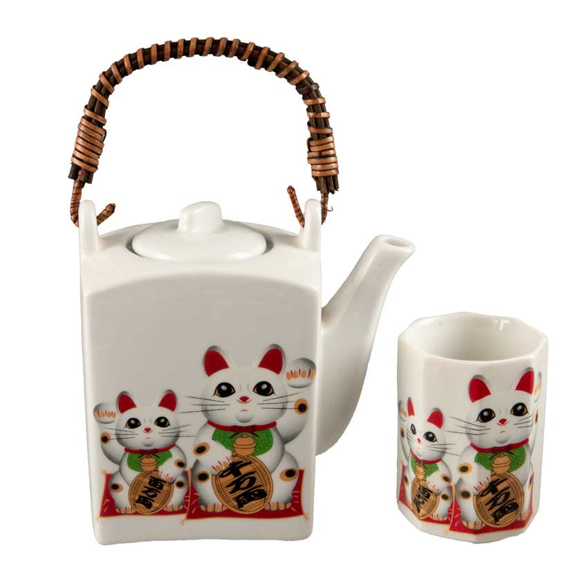 Service à Thé Japonais Maneki Neko 5 Pièces – Théière et 4 Tasses en Céramique