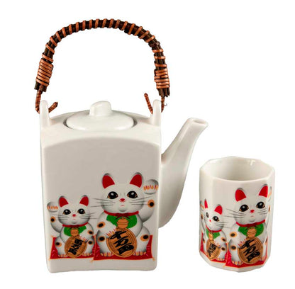 Service à Thé Japonais Maneki Neko 5 Pièces – Théière et 4 Tasses en Céramique