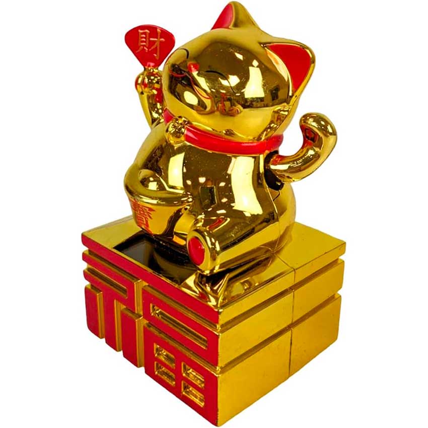 Chat Japonais Maneki Neko Doré avec Éventail – Figurine Solaire Animée 21 cm