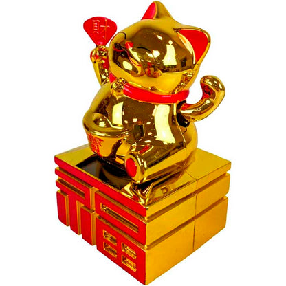 Chat Japonais Maneki Neko Doré avec Éventail – Figurine Solaire Animée 21 cm