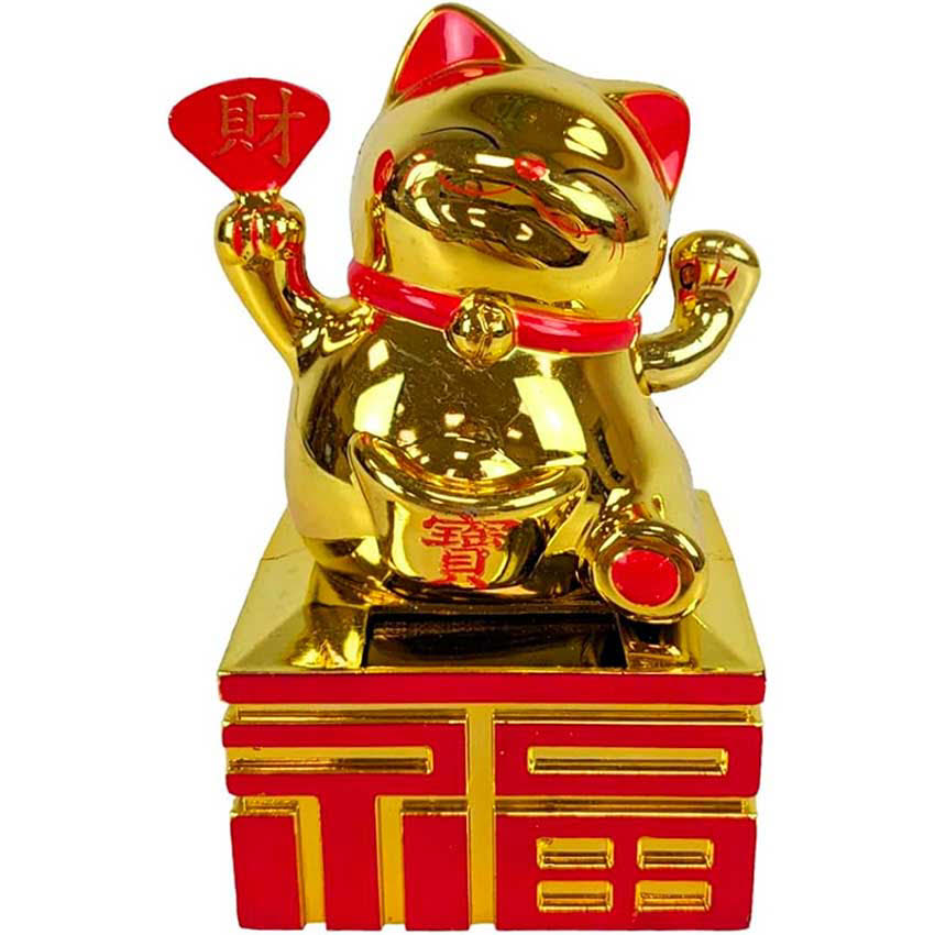 Chat Japonais Maneki Neko Doré avec Éventail – Figurine Solaire Animée 21 cm