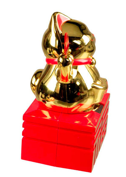 Chat Japonais Maneki Neko Doré avec Éventail – Figurine Solaire Animée 21 cm