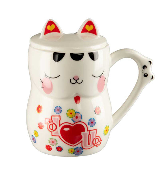 Tasse Chat Maneki Neko "I Love You" en Porcelaine Blanche avec Couvercle