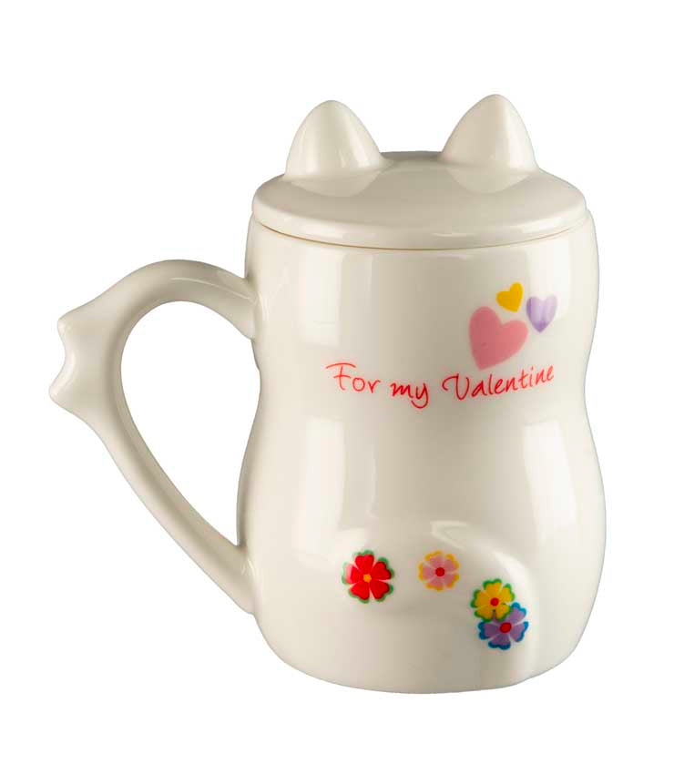 Tasse Chat Maneki Neko "I Love You" en Porcelaine Blanche avec Couvercle