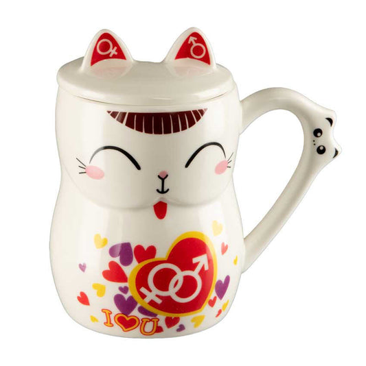 Tasse Chat Maneki Neko "I Love You" en Porcelaine avec Couvercle
