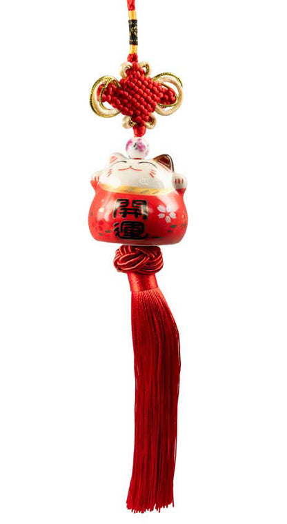 Suspension Maneki Neko Rouge en Céramique – Talisman Décoratif Japonais