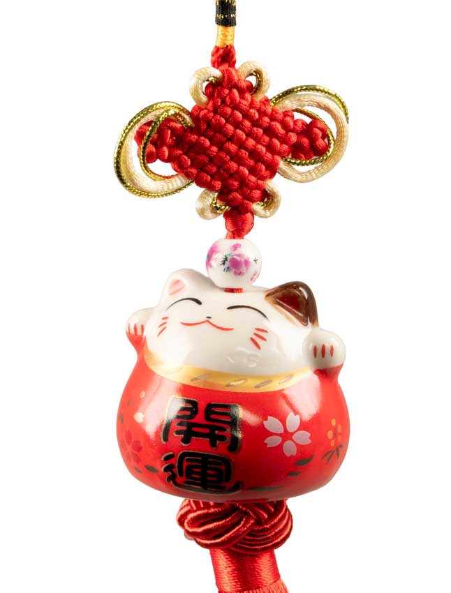 Suspension Maneki Neko Rouge en Céramique – Talisman Décoratif Japonais