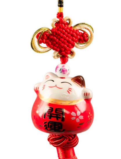 Suspension Maneki Neko Rouge en Céramique – Talisman Décoratif Japonais