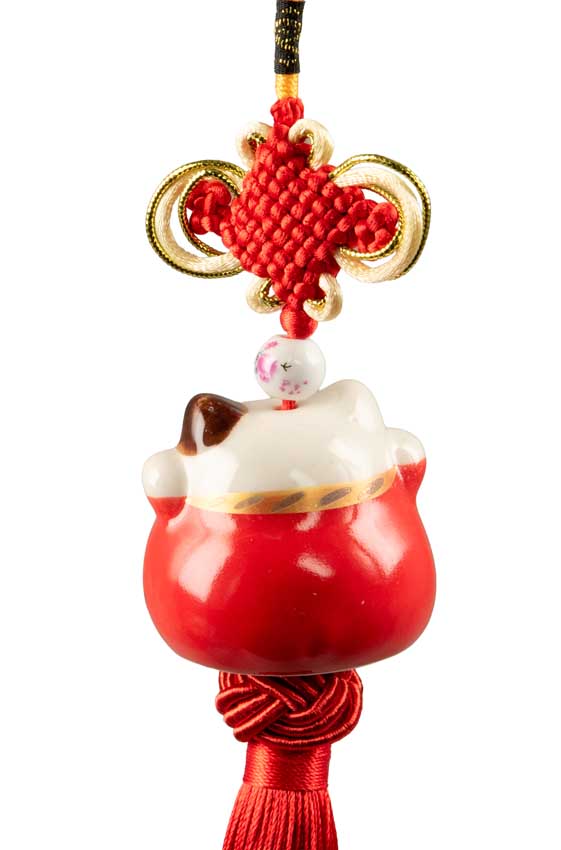 Suspension Maneki Neko Rouge en Céramique – Talisman Décoratif Japonais