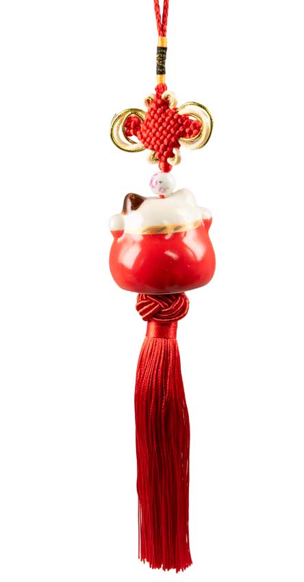 Suspension Maneki Neko Rouge en Céramique – Talisman Décoratif Japonais
