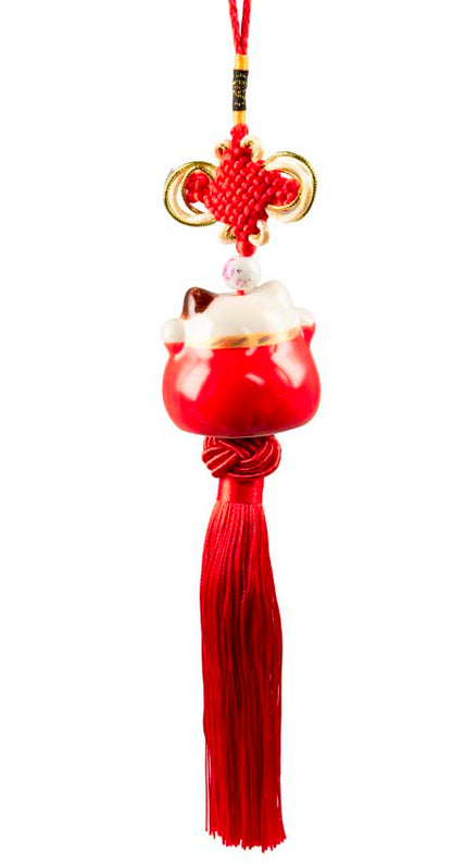 Suspension Maneki Neko Rouge en Céramique – Talisman Décoratif Japonais