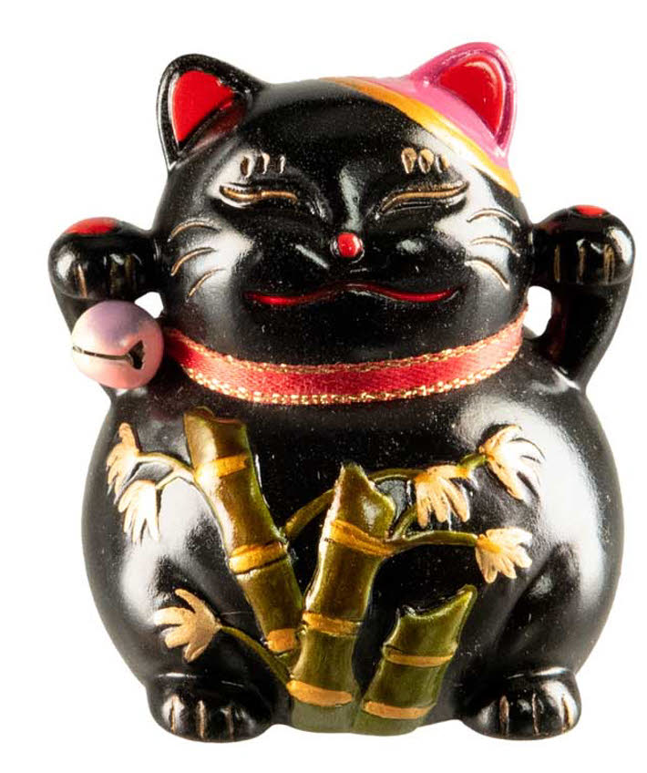 Figurine Chat Maneki-Neko Noir en Résine – Décoration Kawaii Motifs Bambou 5,5 cm