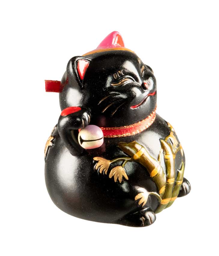 Figurine Chat Maneki-Neko Noir en Résine – Décoration Kawaii Motifs Bambou 5,5 cm