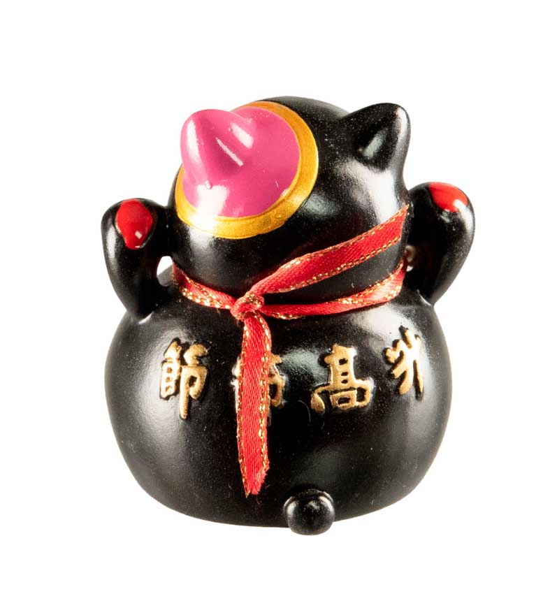 Figurine Chat Maneki-Neko Noir en Résine – Décoration Kawaii Motifs Bambou 5,5 cm