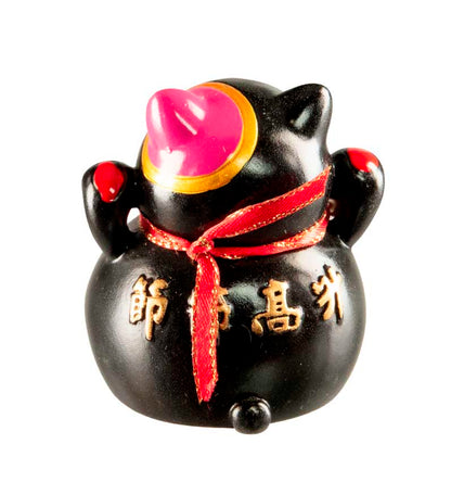 Figurine Chat Maneki-Neko Noir en Résine – Décoration Kawaii Motifs Bambou 5,5 cm