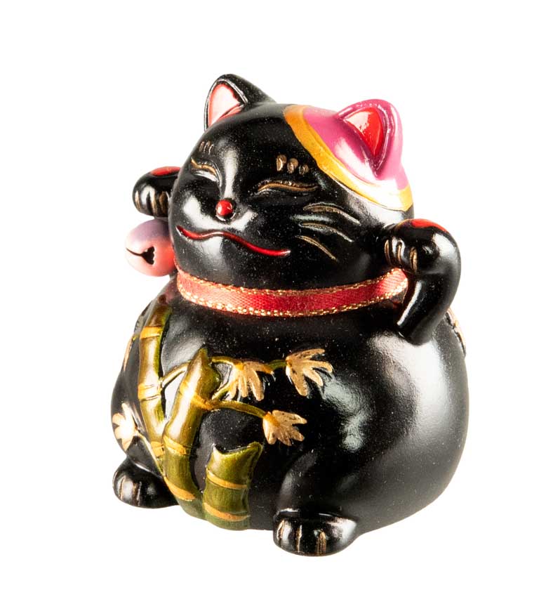 Figurine Chat Maneki-Neko Noir en Résine – Décoration Kawaii Motifs Bambou 5,5 cm