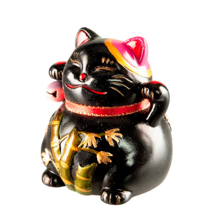 Figurine Chat Maneki-Neko Noir en Résine – Décoration Kawaii Motifs Bambou 5,5 cm