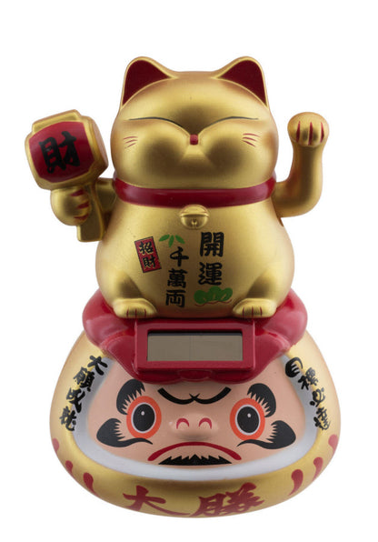 Figurine Solaire Maneki Neko Doré sur Daruma – Porte-Bonheur Japonais 10.5 ou 15 cm