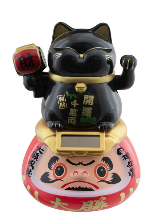 Figurine Solaire Maneki Neko Noir sur Daruma – Porte-Bonheur Japonais 10.5 ou 15 cm