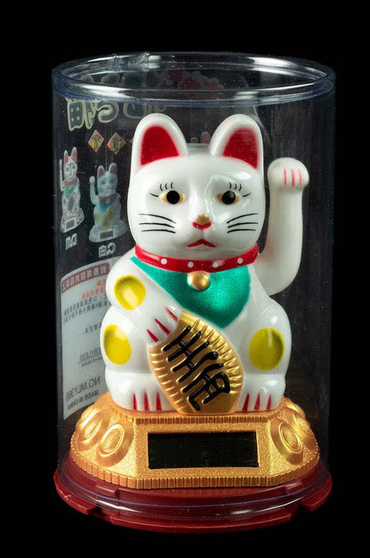 Chat Japonais Maneki Neko Blanc – Statuette Solaire Porte-Bonheur