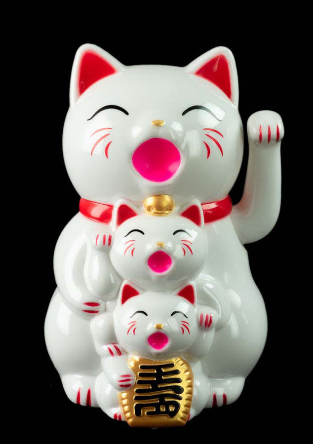 Famille de Chats Maneki Neko Blanc  – Figurine Animée à Pile 14 cm