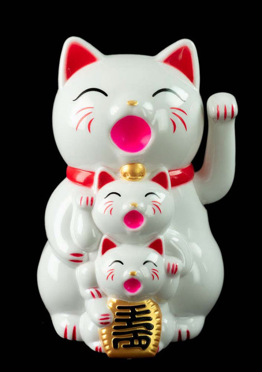 Famille de Chats Maneki Neko Blanc  – Figurine Animée à Pile 14 cm