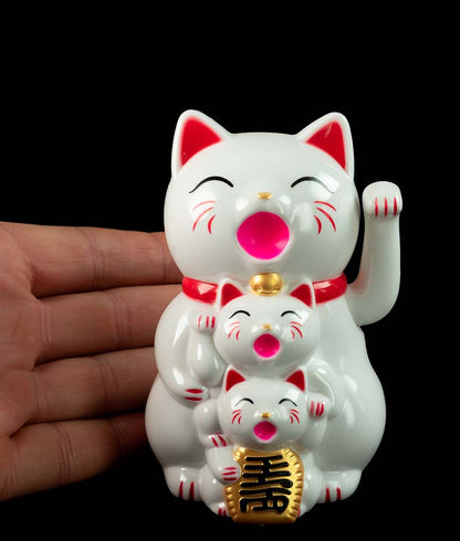 Famille de Chats Maneki Neko Blanc  – Figurine Animée à Pile 14 cm