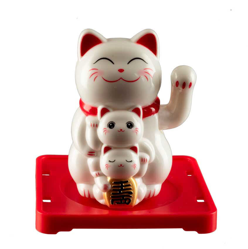 Chat Japonais Maneki Neko Blanc Famille et Chatons  – Figurine Solaire Animée
