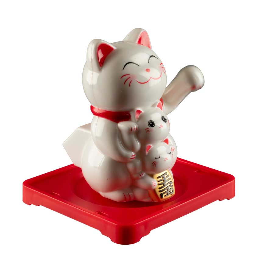 Chat Japonais Maneki Neko Blanc Famille et Chatons  – Figurine Solaire Animée