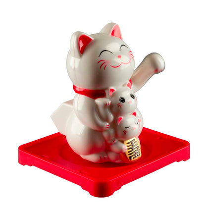 Chat Japonais Maneki Neko Blanc Famille et Chatons  – Figurine Solaire Animée