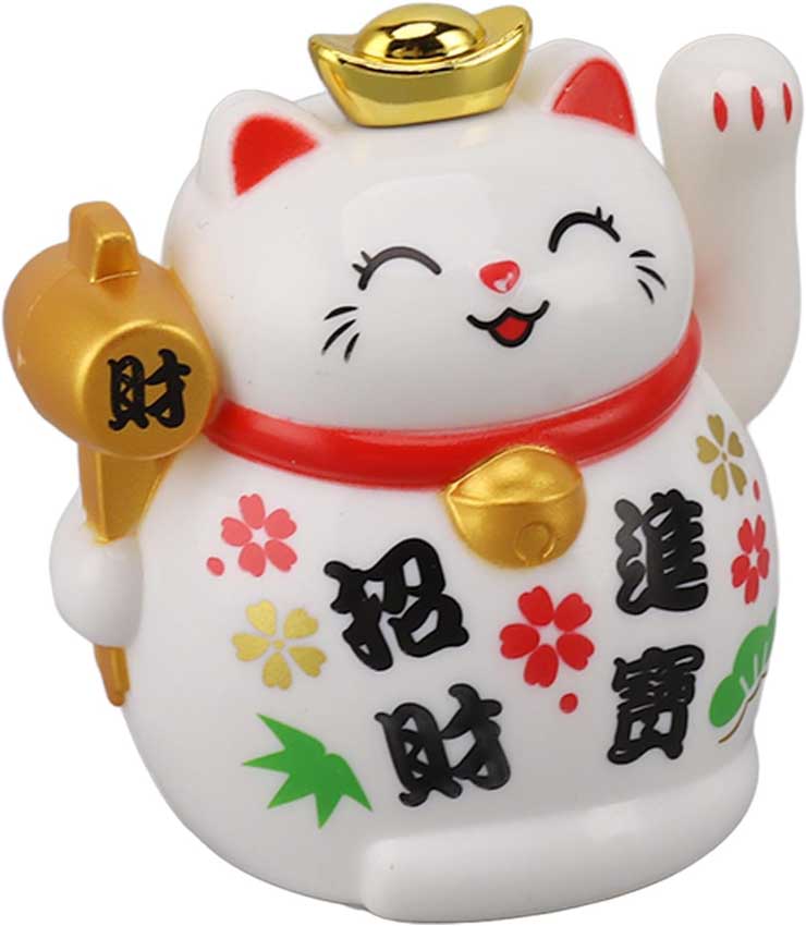 Chat Japonais Maneki Neko Blanc avec Lingot 40801 – Figurine Solaire Animée