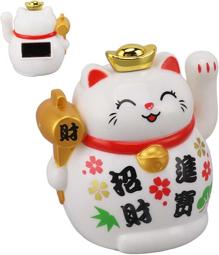 Chat Japonais Maneki Neko Blanc avec Lingot 40801 – Figurine Solaire Animée