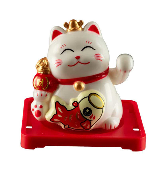 Chat Japonais Maneki Neko Blanc avec Poisson – Figurine Solaire Animée