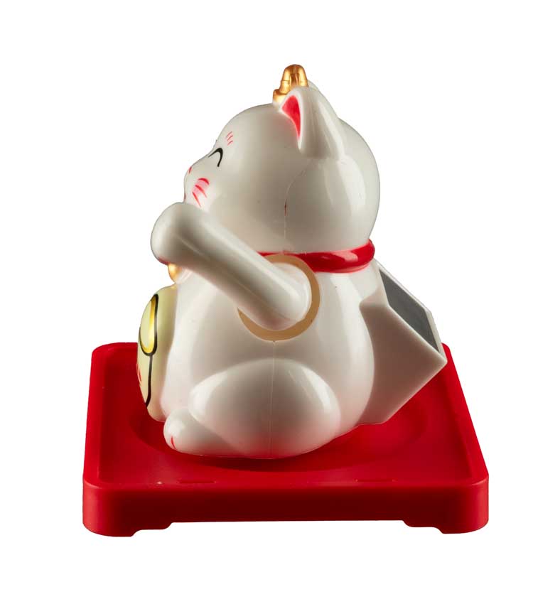 Chat Japonais Maneki Neko Blanc avec Poisson – Figurine Solaire Animée