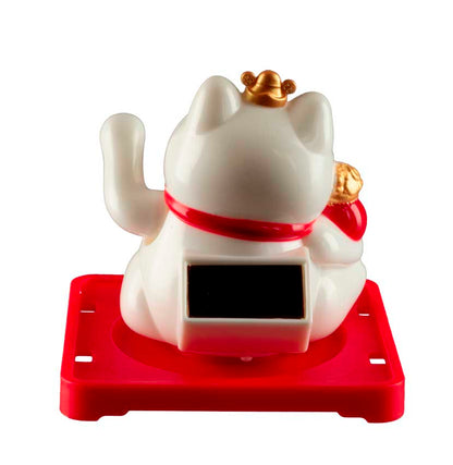 Chat Japonais Maneki Neko Blanc avec Poisson – Figurine Solaire Animée